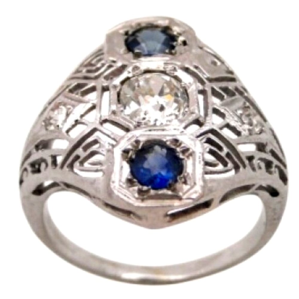 14K Lady's Art Deco Filigree Old European Diamond & Sapphire Engagement Ring